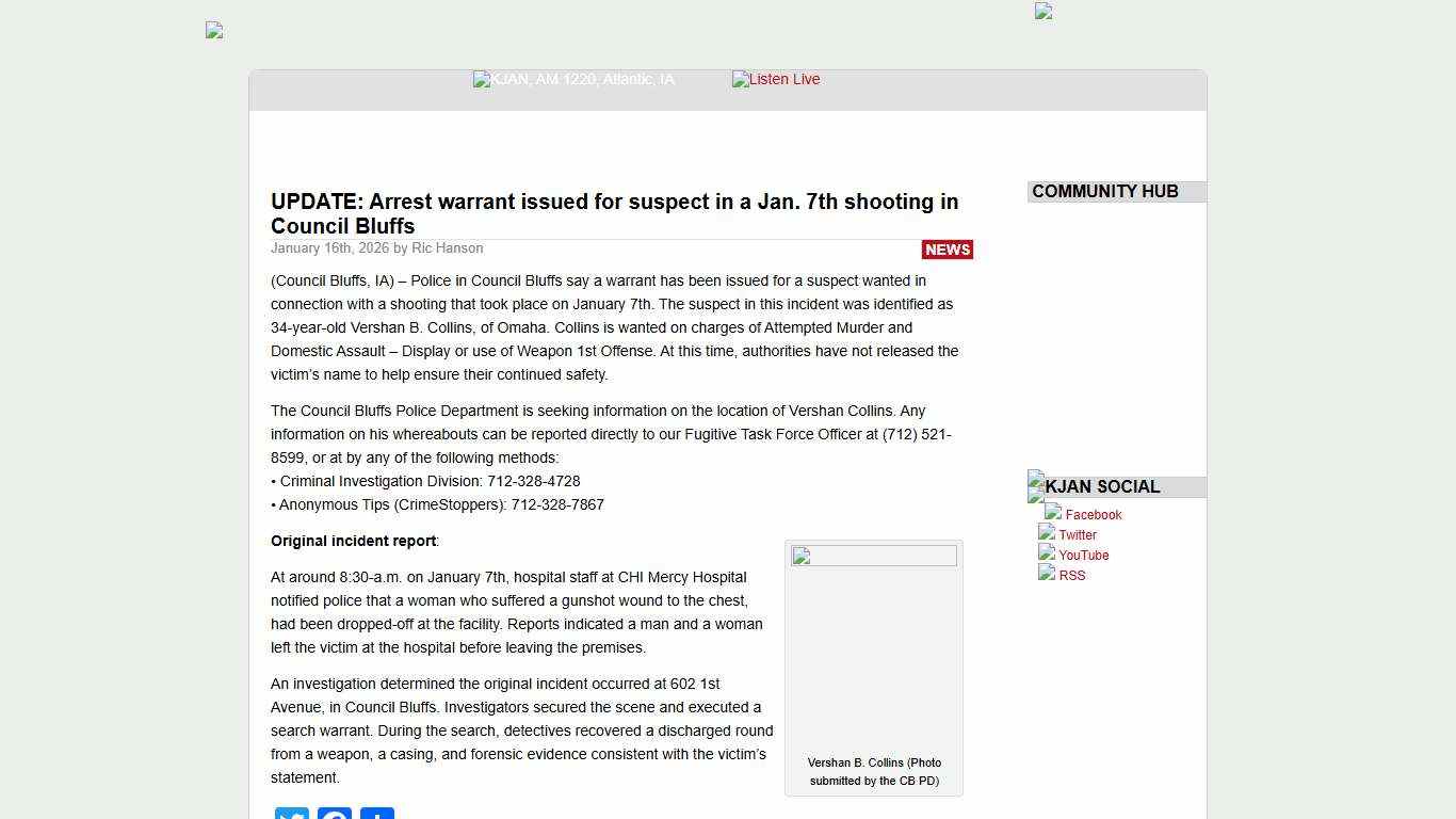 UPDATE: Arrest warrant issued for suspect in a Jan. 7th shooting in Council Bluffs « KJAN Radio Atlantic, IA – AM 1220